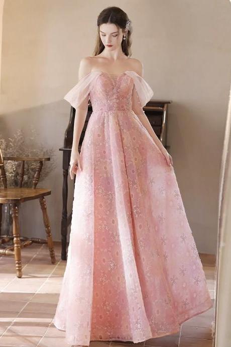 A-line Off Shoulder Tulle Lace Pink Long Prom Dresses