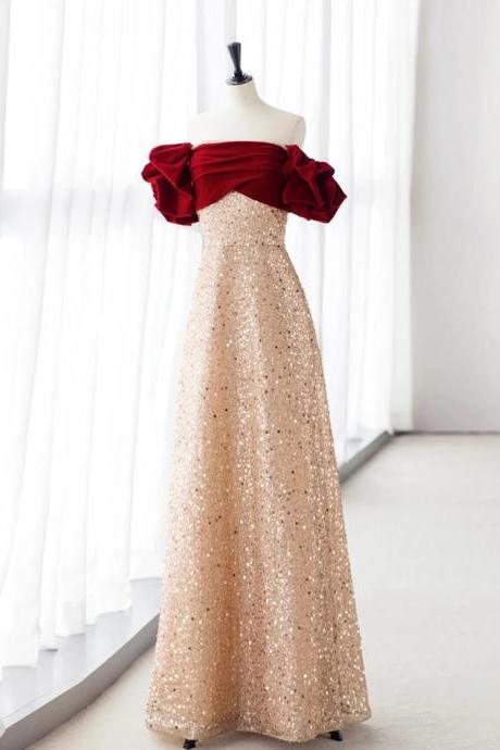 A-line Velvet Long Champagne Tulle Sequin Long Prom Dress