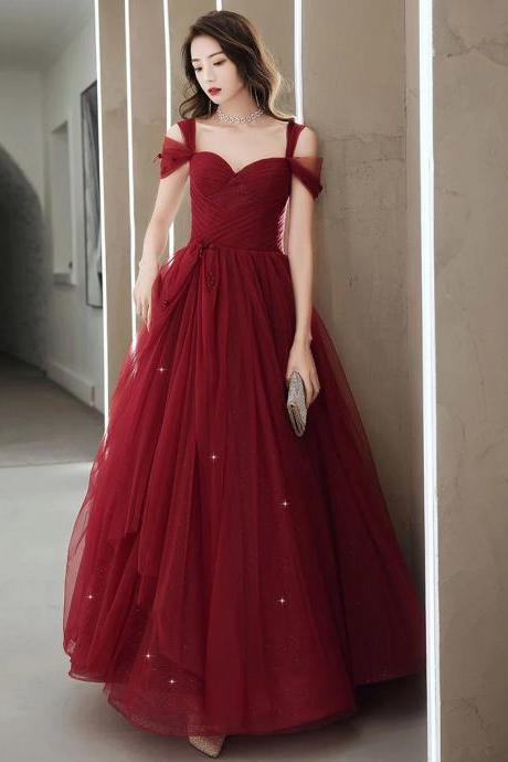 A-line Off Shoulder Sweetheart Burgundy Tulle Prom Dress