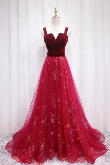 A-line Burgundy Velvet Tulle Lace Prom Dresses