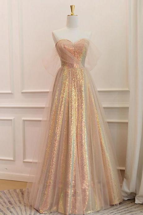Vintage A-line Gold Sequin Long Prom Dresses