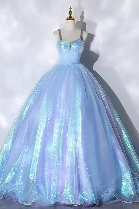 Straps Ball Gown Sweetheart Blue Tulle Long Prom Dresses