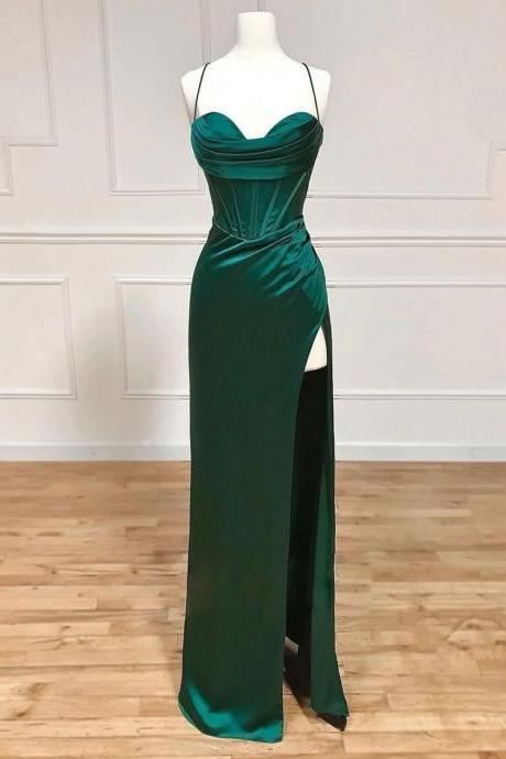 Simple Straps Green Long Prom Dress With Split