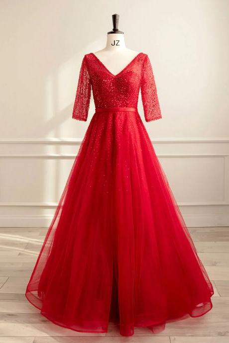 A-line V Neck Red Tulle Sequin Long Prom Dresses