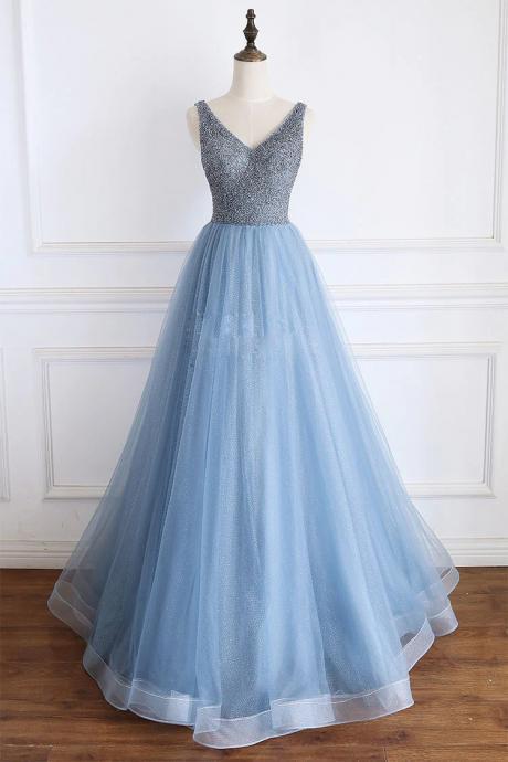 A Line V Neck Blue Tulle Prom Dress With Beading