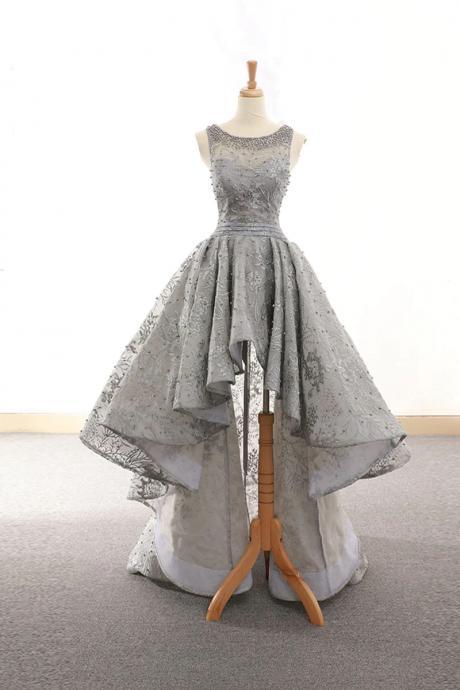 High Low Gray Tulle Lace Prom Dresses