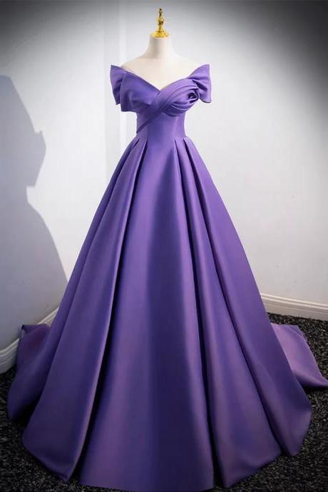 Simple Off Shoulder A Line Satin Purple Long Prom Dress