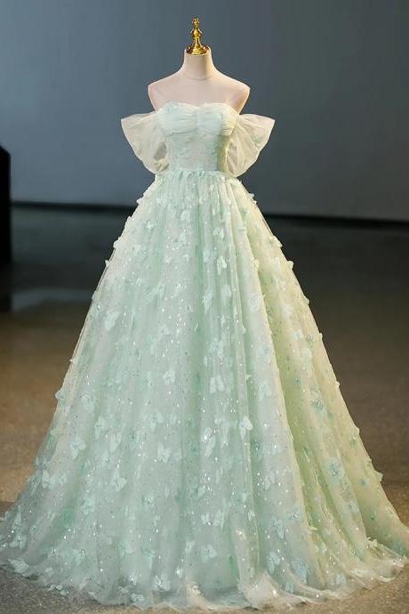 A-line Off Shoulder Sweetheart Green Lace Long Prom Dresses