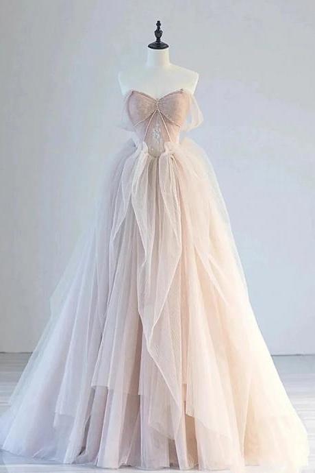 Charming A-line Off Shoulder Tulle Lace Champagne Pink Long Prom Dresses