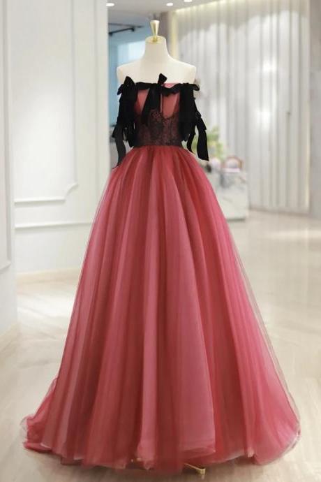 Enchanting Rose Tulle Evening Gown With Ribbon Ties