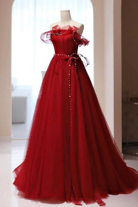 Mermaid Burgundy A-line Tulle Long Prom Dress With Lace Up