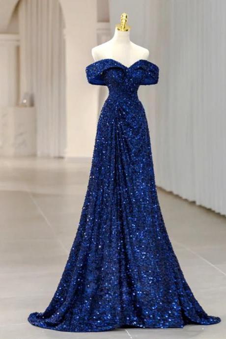 Off Shoulder Blue Sequin Long Prom Dresses