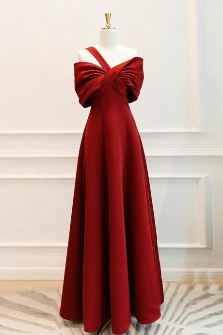 One Shoulder A-line Satin Burgundy Long Prom Dresses