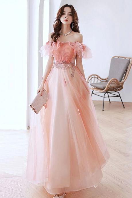 A-line Off Shoulder Pink Tulle Long Prom Dresses