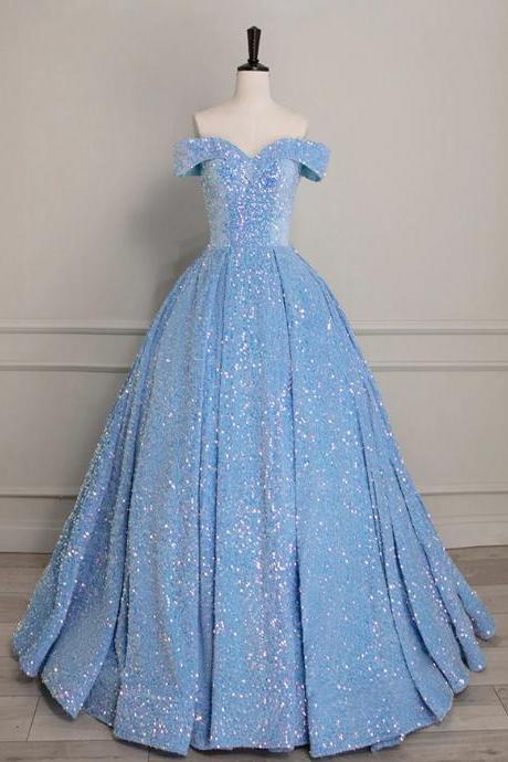 Off Shoulder A-line Sweetheart Sequin Blue Long Prom Dresses