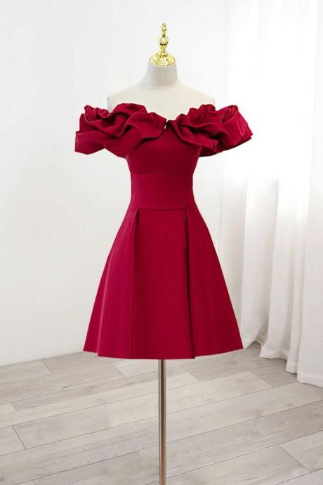 Cute Off Shoulder Burgundy A-line Satin Short Homecoming Dresses