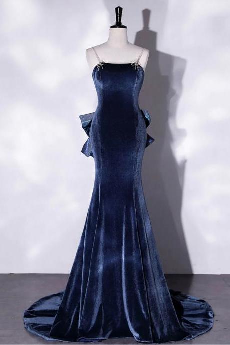 Mermaid Straps Blue Velvet Long Prom Dresses