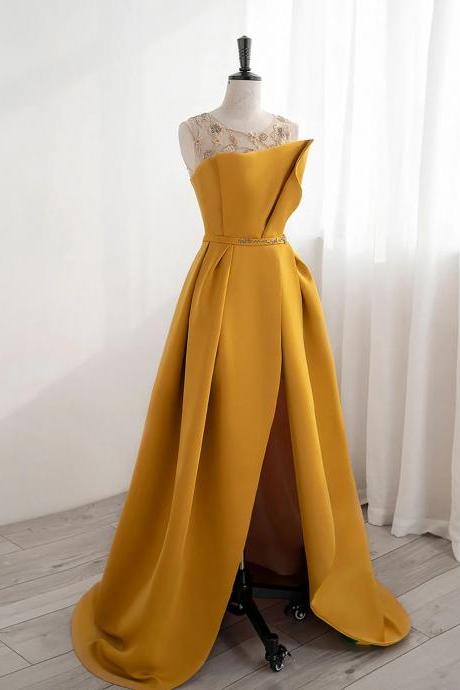 Sexy Scoop Neckline Satin Yellow Long Prom Dresses