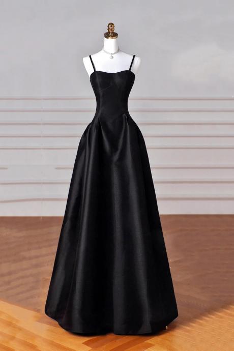 Spaghetti Strap A-line Black Satin Long Prom Dresses