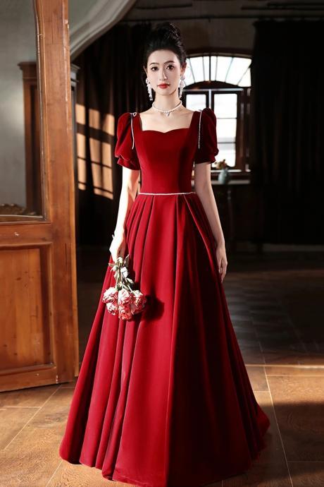 A-line Burgundy Velvet Long Prom Dress Short Sleeve