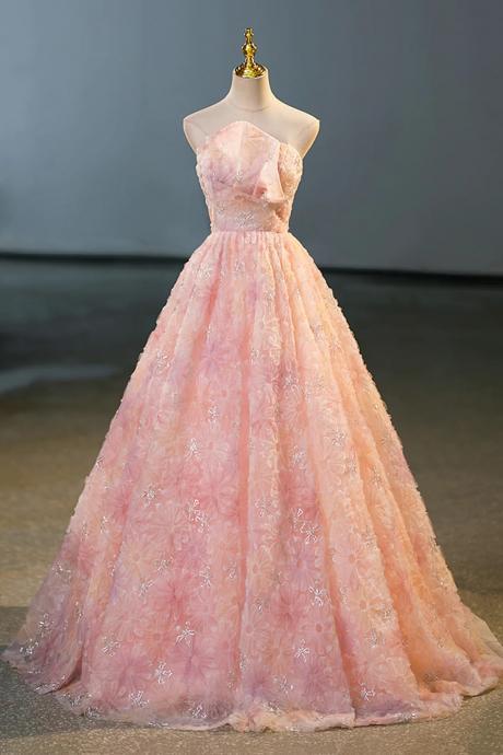 Princess Strapless Formal Pink Flower Evening Dresses