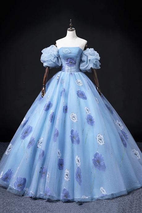 Beautiful Floral Tulle Long Blue Short Sleeve Party Dresses