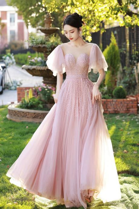 Beautiful Round Neck Tulle Beaded Long Prom Evening Dress