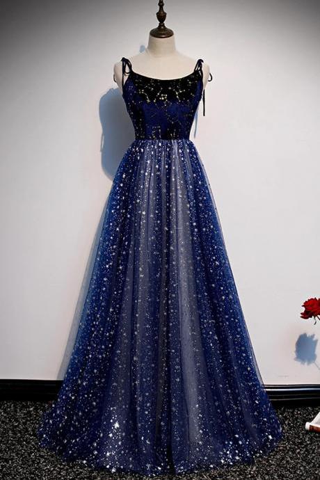 Beautiful A-line Blue Velvet Tulle Long Prom Dresses