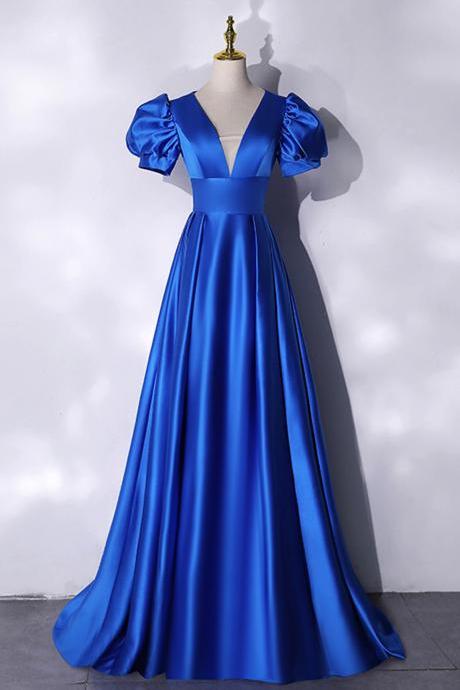 Simple Blue V-neck Satin Long Prom Dresses