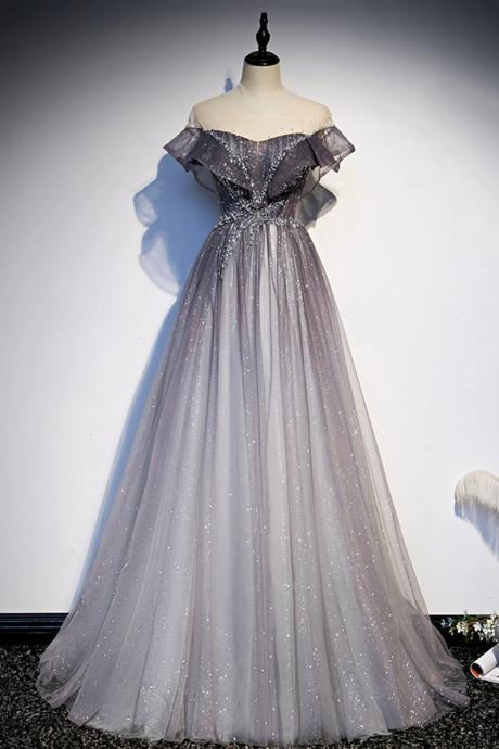 A-line Gray Scoop Neckline Tulle Long Formal Evening Dresses