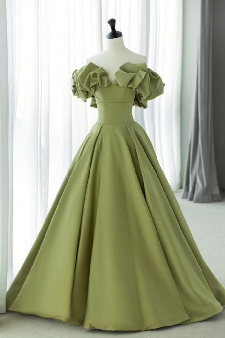 A Line Green Satin Long Prom Dresses