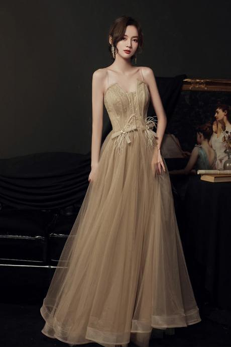 Stylish A-line Tulle Long Champagne Prom Dresses