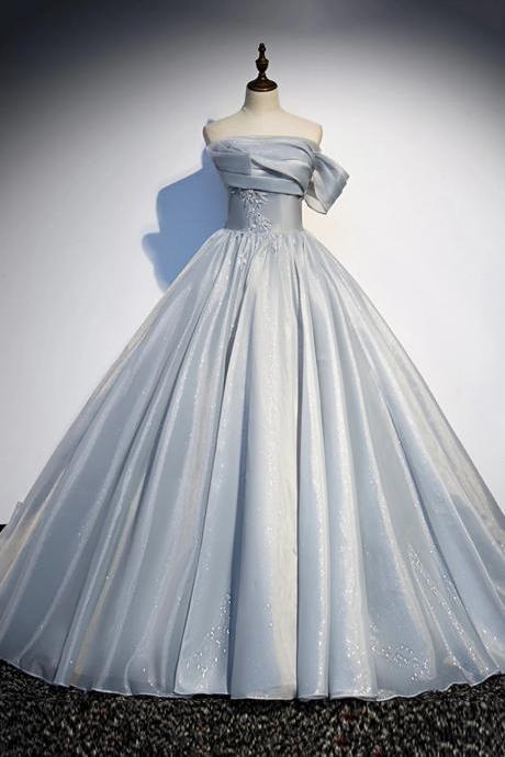 Strapless Gray Tulle Long A-line Party Prom Dresses