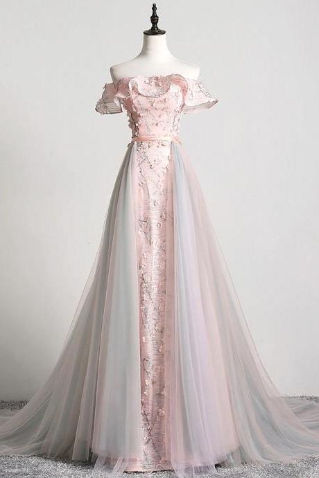 Lovely A-line Tulle Applique Long Prom Dress With Detachable Skirt