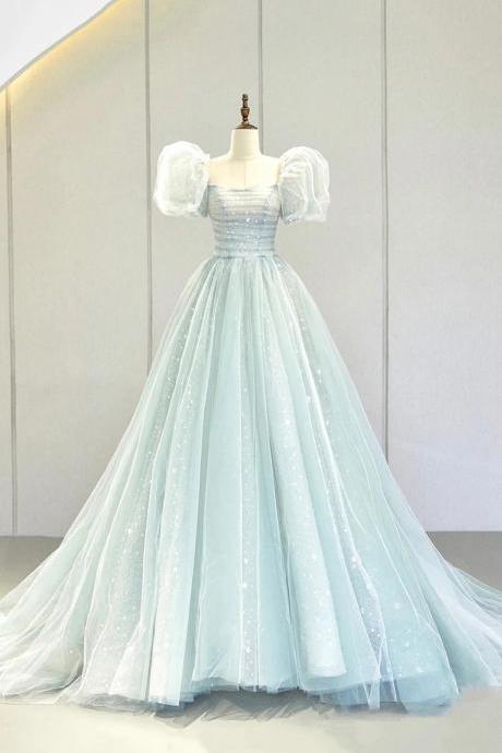 A Line Tulle Formal Evening Gown With Puff Sleeve