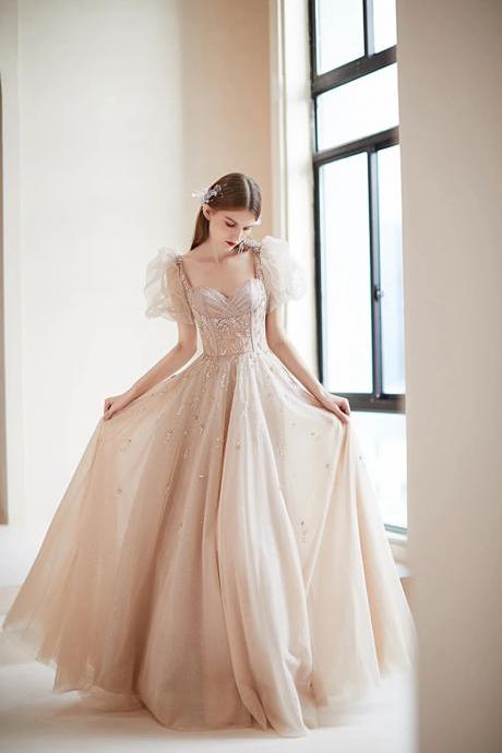 Floor Length Champagne Puff Sleeve Tulle Long Prom Dresses