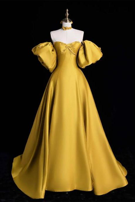 Mermaid Off The Shoulder A-line Yellow Satin Long Prom Dresses