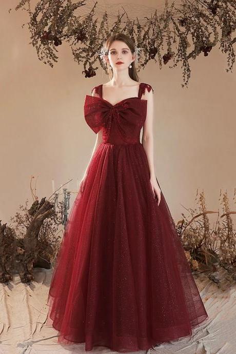 Lovely A-line Burgundy Tulle Long Prom Dress With Bow