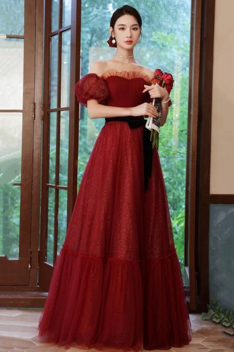 Off The Shoulder Burgundy Tulle Prom Dress Party Dress