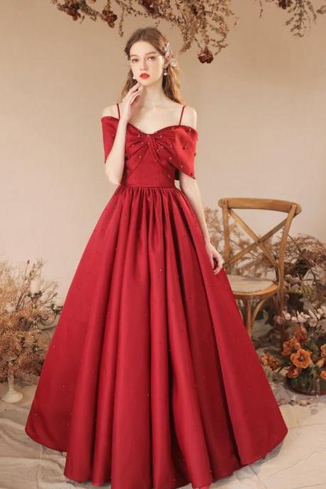 Cute Off Shoulder Burgundy Satin Long Prom Dress With Beaded