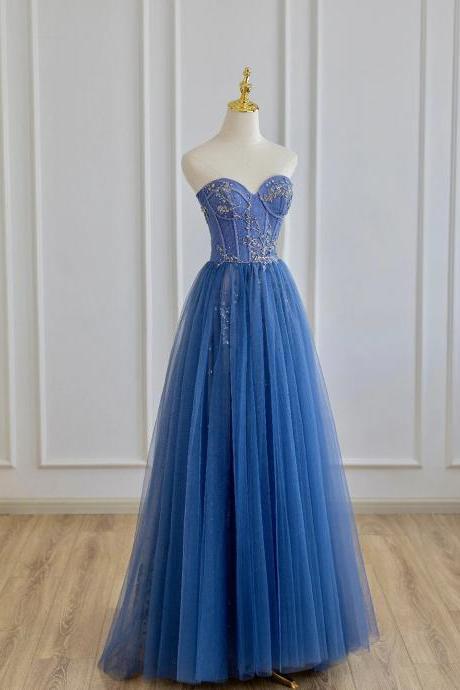 A Line Sweetheart Blue Tulle Long Prom Dress With Beaded