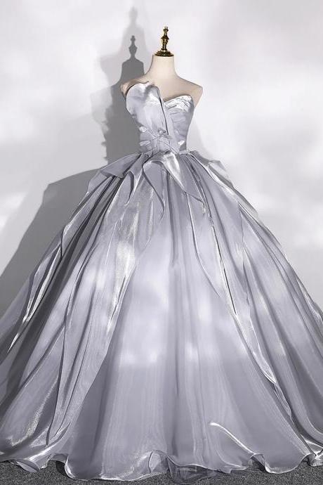 Ball Gown Gray Strapless Tulle Long Formal Dress