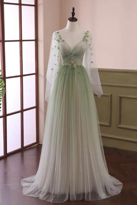 Light Green Tulle Long Sleeve Prom Dresses