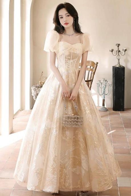 A Line Champagne Tulle Floor Length Prom Dress Short Sleeve