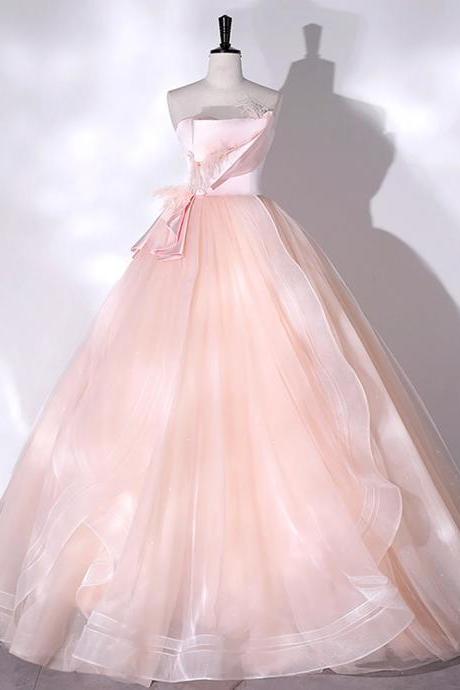 A-line Pink Strapless Tulle Long Formal Prom Dress With Feathers