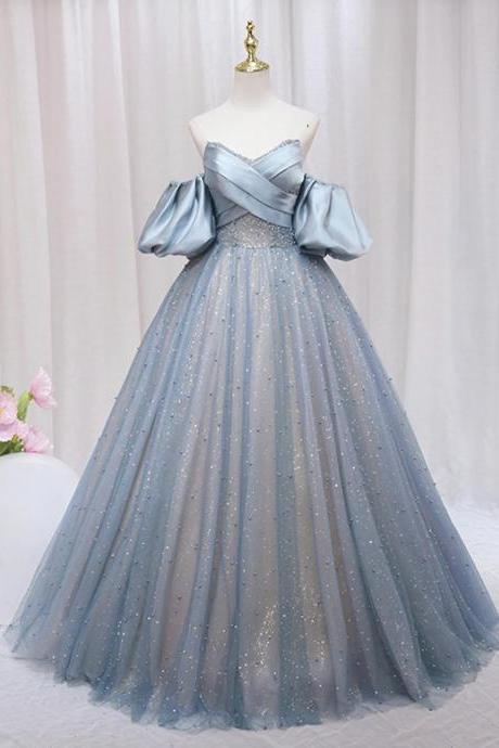 Off The Shoulder Blue Puff Sleeve Long A-line Prom Dress