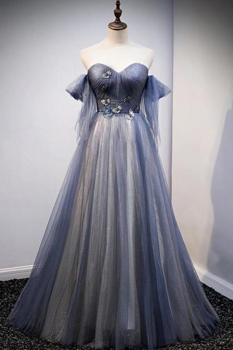 A Line Blue Sweetheart Tulle Party Dress With Lace