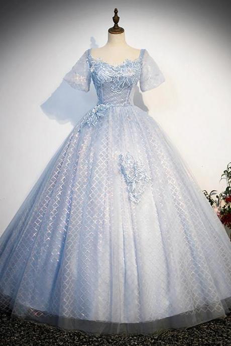 Shiny A-line Blue Tulle Lace Long Prom Dress Short Sleeve
