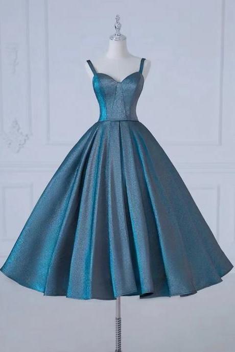 A-line Sweetheart Tea Length Blue Prom Dresses