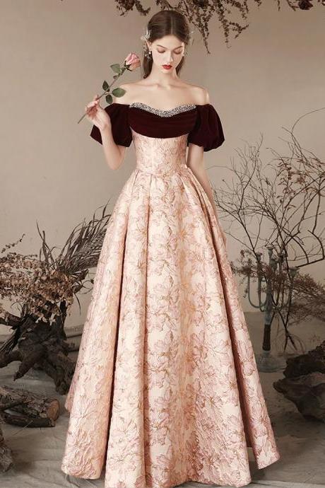 A-line Pink Satin Velvet Long Prom Dresses